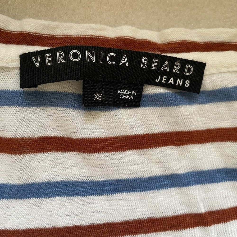 Veronica Beard Benji Striped Linen T Shirt Women XS Rust Blue Striped Oversized - Picture 4 of 10